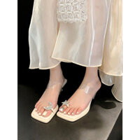 Giày Sandal Cao Gót 2024 Phong Cách Mới Bộ Ngón Chân Lật Thoáng Mát Mùa Hè Trăng Kim Cương Giả Trong Suốt Giày Cổ Tích Gót Chân