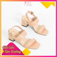 Giày Sandal Cao Gót 5cm Đế Vuông Ốp Đồng Quai Ngang Màu Đen Pixie X462