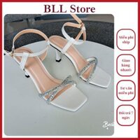 Giày sandal cao gót 7 phân quai xoàn chéo xinh xắn, Sandal cao gót gót nhọn 7 phân quai đính đá xinh