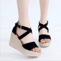 Giày sandal cao gót đế xuồng 9cm bản đen chéo gót