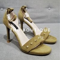 Giày sandal cao gót HANHOU da lộn màu xanh rêu quai ngang đính đinh 10cm size 37-38
