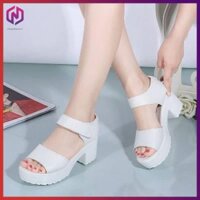 Giày Sandal Cao Gót Khóa Dán Đế Xuồng Màu Trắng Thời Trang Mùa Hè Phong Cách Hàn Quốc Mới Cho Nữ