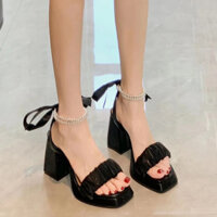GIÀY SANDAL CAO GÓT KHS86 CỘT DÂY CAO 9P, 2 MÀU ĐEN VÀ TRẮNG,THỜI TRANG DÀNH CHO NỮ
