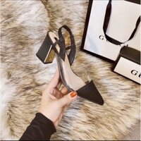 GIÀY SANDAL CAO GÓT MŨI NHỌN PHỐI TRONG DA LỘN GÓT BỌC VÀNG