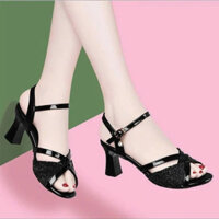 Giày Sandal Cao Gót Mũi tên Phối Kim Sa Sang Trọng Gót 7 Phân