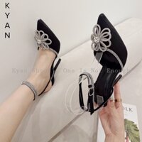 Giày Sandal Cao Gót Nhọn 9 Cm Bít Mũi Da Lụa Đính Hoa Xoàn Đá Phale Quai Trong Suốt Đi Tiệc Cô Dâu Ngày Cưới Đẹp KYAN022