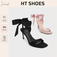 Giày sandal cao gót nhọn C mũi tròn hở quai lụa thắt nơ cổ điệu đà đế cao mảnh 8cm hack dáng phong cách dịu dàng 𝟴𝟯𝟮𝟰