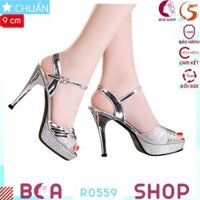Giày sandal cao gót nữ 9p RO559 màu bạc ROSATA tại BCASHOP gót nhọn, quai ngang bóng nhám sang trọng - 36