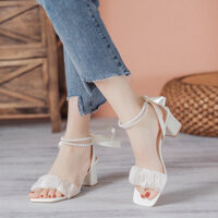 Giày Sandal Cao Gót Nữ DNS68 Đế Vuông Quai Ngọc Thắt Nơ 7P hai màu đen, trắng, sang trọng quý phái