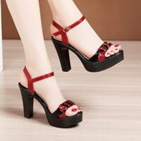 Giày Sandal Cao Gót Quai Thắt Bính Phối Màu Tôn Da Đế Đúc PU Nhẹ Gót Cao 10 Phân