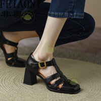 Giày sandal cao gót vuông mũi kín BashammFEIAONI kiểu Pháp mùa hè 2023, giày nữ vintage, giày cao gót vuông