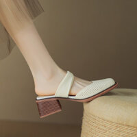 Giày Sandal Da Cừu Da Thật Chính Hãng Nữ Giày Cao Gót Dày Gót Dép