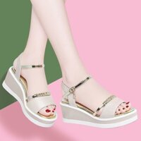 Giày Sandal Da Thật Nữ 24 Nữ Nêm Gót Đế Dày Muffin Tất Cả Trận Đấu Thoải Mái Dây Đeo Bằng Sandal Nữ