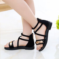 Giày sandal đế bệt quai ngang  kim loại dây chéo khoá kéo