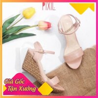 Giày Sandal Đế Xuồng 7cm Quai Ngang Đế Đan Tre Màu Đen Pixie X451