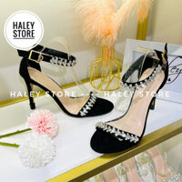 Giày sandal đen 2 đá HALEY STORE 9cm mũi hở gót nhọn hai quai đính đá tiểu thư rẻ bền đẹp đi chơi đi tiệc dễ mang