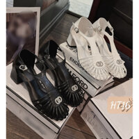 Giày sandal gót vuông cao 5cm quai rọ quai hậu bít chất da mềm khóa cài