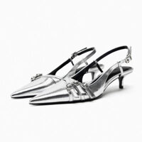 Giày sandal màu bạc cao gót mũi nhọn cao 4,5cm