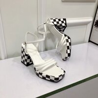 Giày sandal mũi đúp cao 9cm ba quai nhỏ gót caro