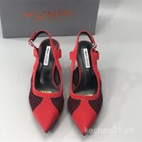 Giày sandal mũi nhọn màu đỏ thanh lịch, gót cao chunky, thoáng khí, lưới không lưng, xuất khẩu chính hãng
