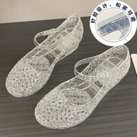 Giày Sandal Nhựa Thời Trang Nữ Mặc Ngoài Pha Lê Giày Nữ Nêm Gót Giày Sandal Giữa Gót Bằng Khóa Dây Đeo Mũi Bao Da Dép Hàng Có Sẵn✨0215✨Hàng có sẵn✨0213✨2025.04.01