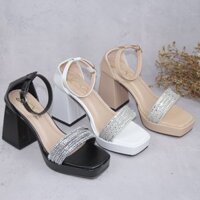 Giày sandal nữ cao gót đúp vuông 9cm dây quai ngang đính đá - SD136