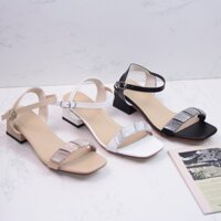 Giày sandal nữ cao gót vuông 3p quai ngang da mềm kết dây ánh kim gấp chéo - SD231