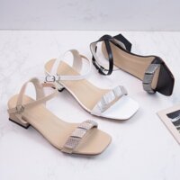 Giày sandal nữ cao gót vuông 3p quai bản ngang da mềm kết quai ánh kim gấp chéo - SD231