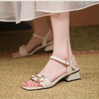 Giày sandal nữ cao gót vuông 3p quai ngang da mềm kết khóa đôi - SD209