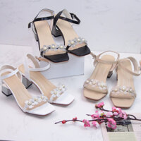 Giày sandal nữ cao gót vuông bọc da ánh kim 5p quai bản trong kết hoa mai đính châu - SD232