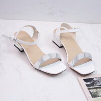 Giày sandal nữ cao gót vuông 3p quai bản ngang da mềm kết quai ánh kim gấp chéo - SD231