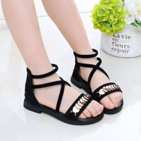 Giày sandal nữ đế bằng quai ngang kết khóa thẻ tròn dây kéo gót - DB004