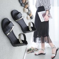 Giày sandal nữ đế bằng quai bản ngang dây đồng cổ chân dây kéo gót - DB012