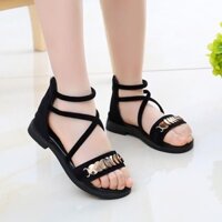 Giày sandal nữ đế bằng quai ngang kết khóa thẻ tròn dây kéo gót - SD133