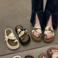 Giày sandal nữ đế cao có dây buộc nơ, thời trang mùa hè 2024, đa năng, thoải mái, đi biển