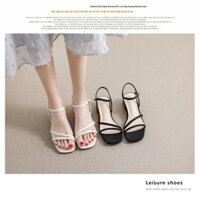 Giày sandal nữ đế vuông 3 phân, dép guốc cao gót quai chéo 3cm da mềm