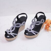 Giày sandal nữ đế xuồng cao gót 3p và 9p quai dây đính đá móc chéo xích - X050