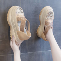Giày Sandal nữ đế xuồng siêu nhẹ hàng QCCC 8 phân mũi tròn phối lưới quai chun dán đá phong cách thanh lịch