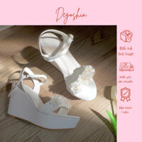 Giày sandal nữ, giày cưới đế xuồng 10cm Degoshin - tôn dáng, nhẹ êm và  chắc chân đính hoa Mẫu đơn