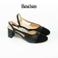 Giày sandal nữ gót cao 5cm MINICHINO mũi tròn đế vuông, phối dây thời trang màu đen TC040