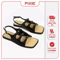 Giày Sandal Nữ Kiểu Bệt Mũi Vuông Ba Quai Ngang Gắn Khoá Pixie H325