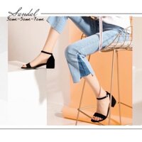 Giày sandal nữ kiểu dáng basic gót vuông 3 phân mũi tròn da xi lộn phối quai ngang VNXK
