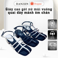 Giày Sandal nữ màu đen trắng & đen gót vuông cao 4cm, Giày cao gót nữ mũi vuông quai dây mảnh ôm chân HN-2401 - HANZIIN