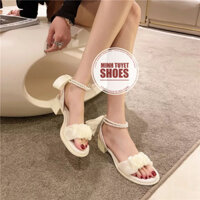 giày sandal nữ minhtuyetshoes đế vuông 5cm quai ngang nhún cột nơ dây xoàn mẫu mới hè 2023(form rộng lùi 1 size)