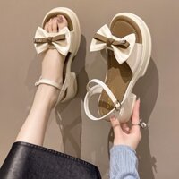 Giày Sandal Nữ MWC 2456 - Giày Sandal Nữ Da Đính Nơ Tiểu Thư Phối Màu Xinh Xắn