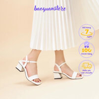 Giày sandal nữ quai ngang gót vuông 3 phân màu trắng