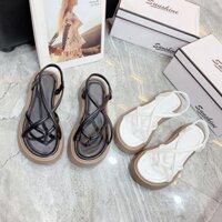 Giày Sandal  nữ xỏ ngón 4 dây đan mút hậu chun đế PU cao 4P