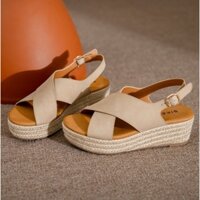 Giày sandal Siketu đế xuồng bọc cói 5cm, quai chéo (sẵn 36, 38 đen)
