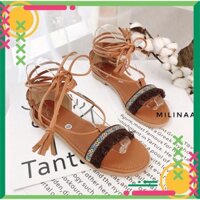 Giày sandal thổ cẩm buộc dây màu đen