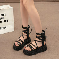 Giày Sandal Thời Trang Màu Đen La Mã Phong Cách Cổ Tích Nữ 2024.Năm Mùa Hè Phong Cách Mới Ren-Up Giày Sandal Đế Dày Nhỏ